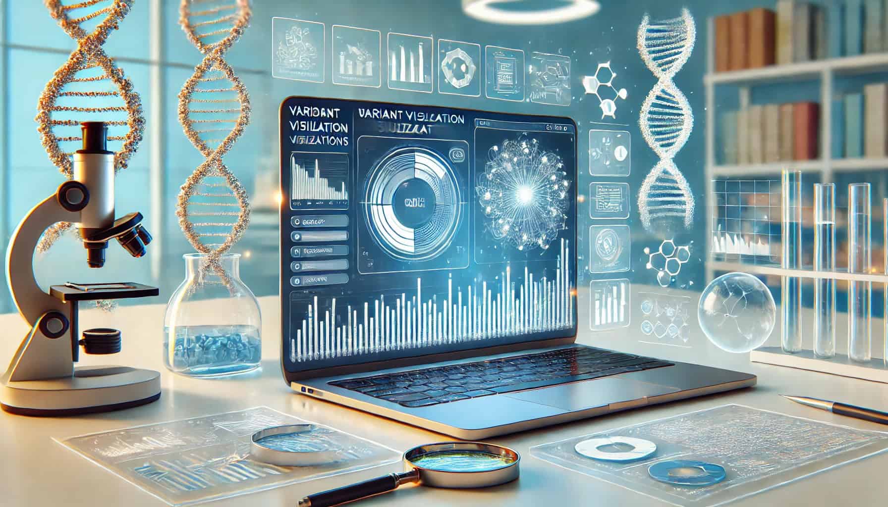 A bright, clean laboratory setting featuring a laptop with the Variant Visualization R Shiny App interface. The screen displays genomic data visualizations, including a scatter plot and histogram. Surrounding the laptop are scientific elements like a DNA model, charts, and glowing accents, highlighting innovation and interactivity in genomic research.