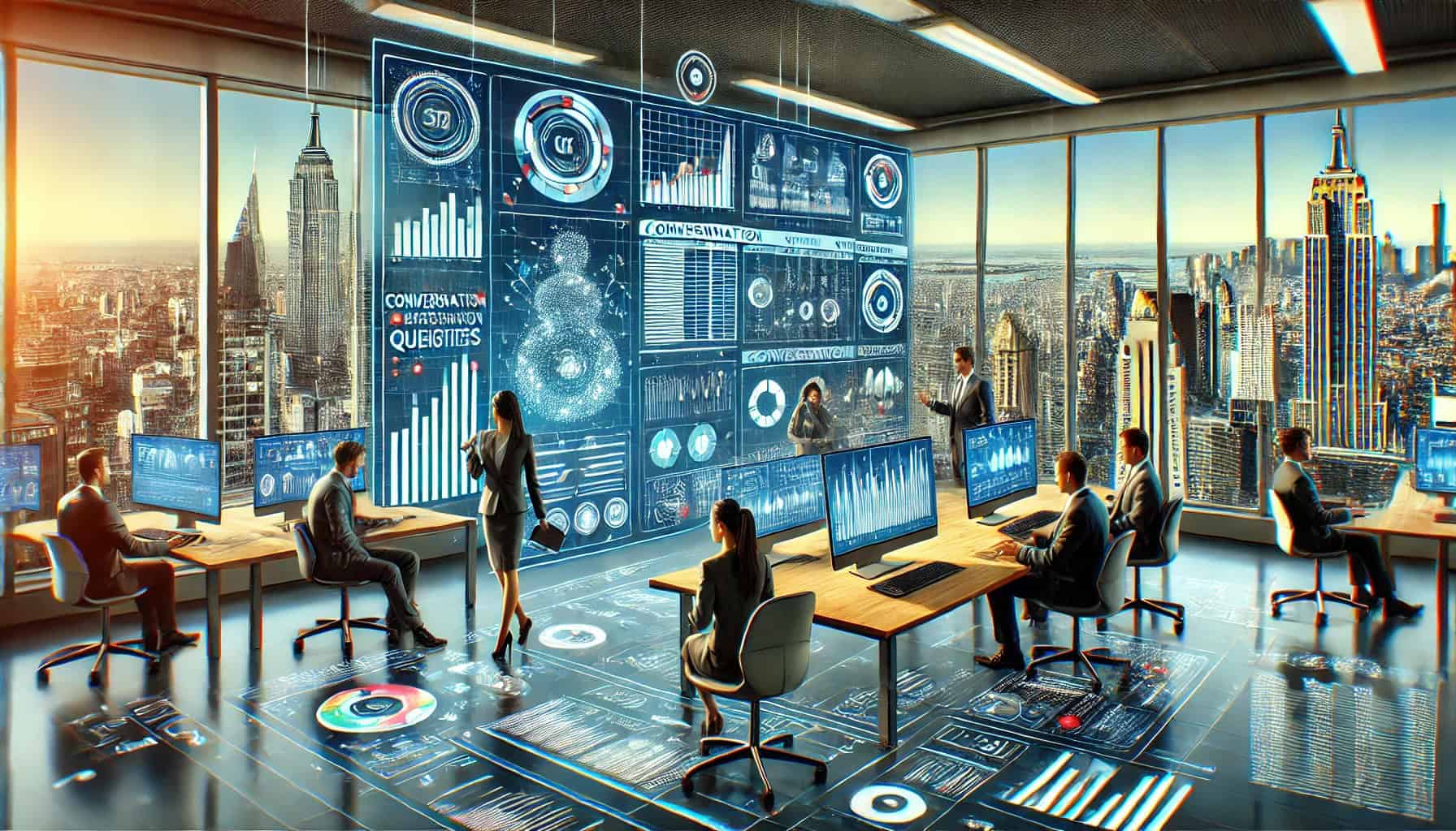A modern accounting firm in New York City showcasing the use of QueryIQ’s cutting-edge platform for efficient financial reporting. Accountants are engaged in teamwork, accessing dynamic data visualizations on high-tech screens, set against a backdrop of the city skyline.
