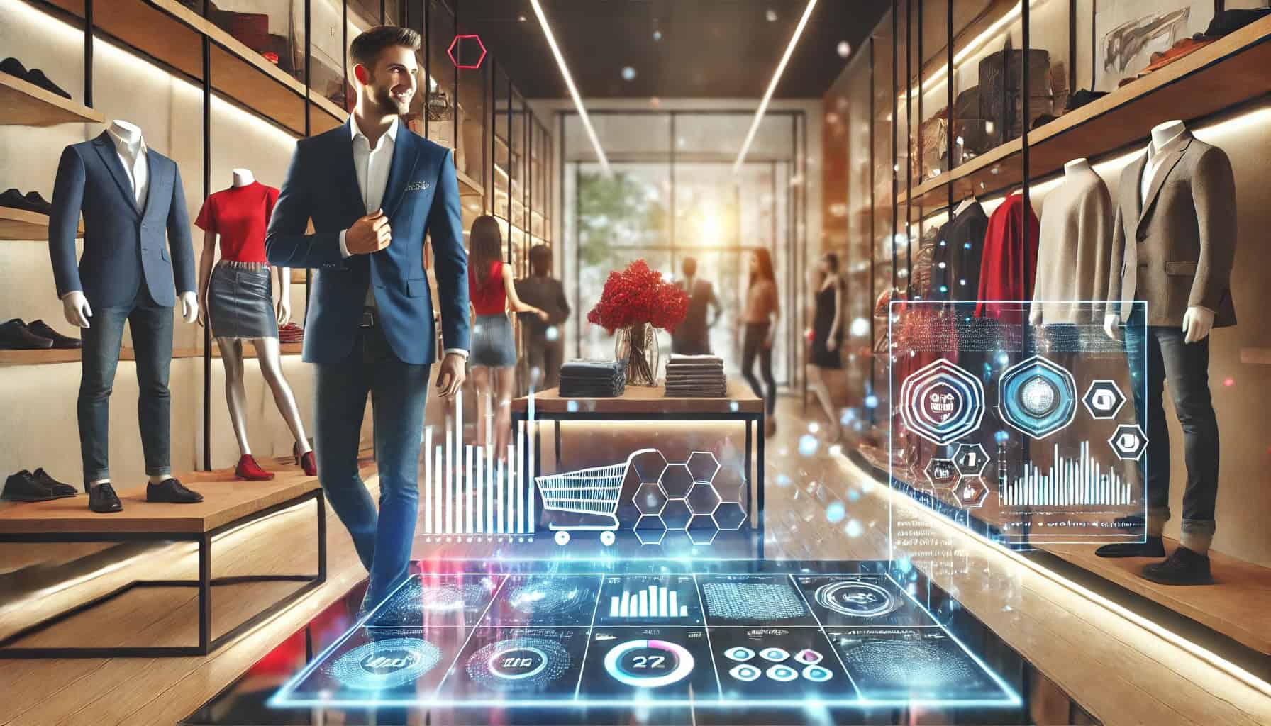 A vibrant retail environment where a retail manager interacts with a transparent, high-tech QueryIQ interface displaying live analytics. The store features organized shelves of products, satisfied customers shopping, and subtle technological elements that highlight QueryIQ’s role in enhancing innovation and efficiency.