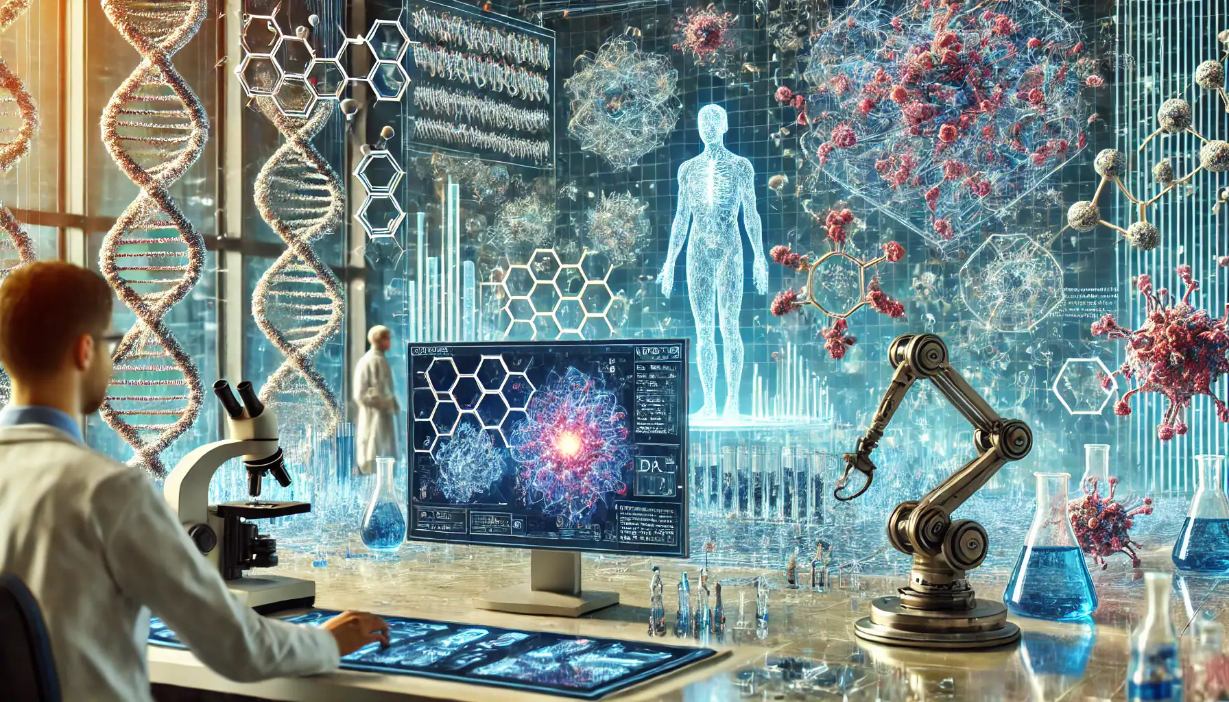 A futuristic laboratory showcasing the role of deep learning in bioinformatics. Holographic displays present protein structures, neural networks, and DNA helixes. A scientist analyzes complex molecular data on a glowing screen while a robotic arm assists. The background highlights visualizations of proteomic and genomic data, illustrating the integration of deep learning with biological research.