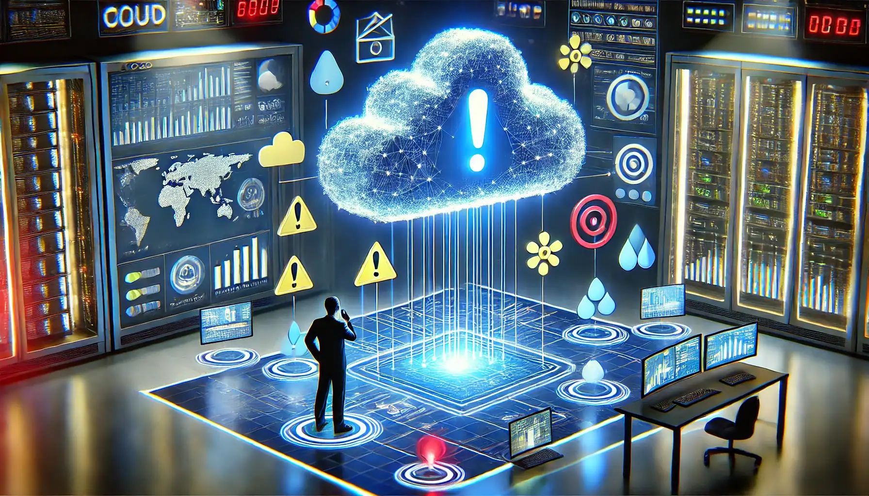 A futuristic illustration of cloud monitoring and alert mechanisms. The image features a large glowing cloud at the center, emitting alert icons like exclamation marks and warning signs. The cloud is connected to various devices, servers, and dashboards through intricate data flow lines. In the foreground, a data engineer interacts with a holographic display showcasing dynamic metrics, graphs, and alerts. The setting is a high-tech control room with vibrant blue and neon accents, emphasizing advanced technology and real-time vigilance.