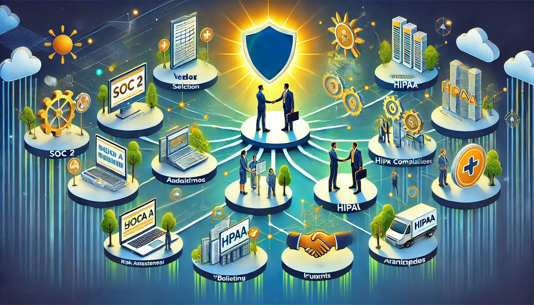 An illustration depicting a compliance journey for a tech company achieving SOC 2, ISO 27001, and HIPAA certifications. The image features a multi-step pathway leading to certification badges at the top, symbolizing success. Key elements include visuals of a tech dashboard, a handshake between professionals, and collaborative activities. A prominent blue shield is centered, representing cybersecurity, with a background of interconnected nodes symbolizing a secure digital network. The design uses a professional color palette of blue, green, and gold, with no text for a clean and modern appearance.