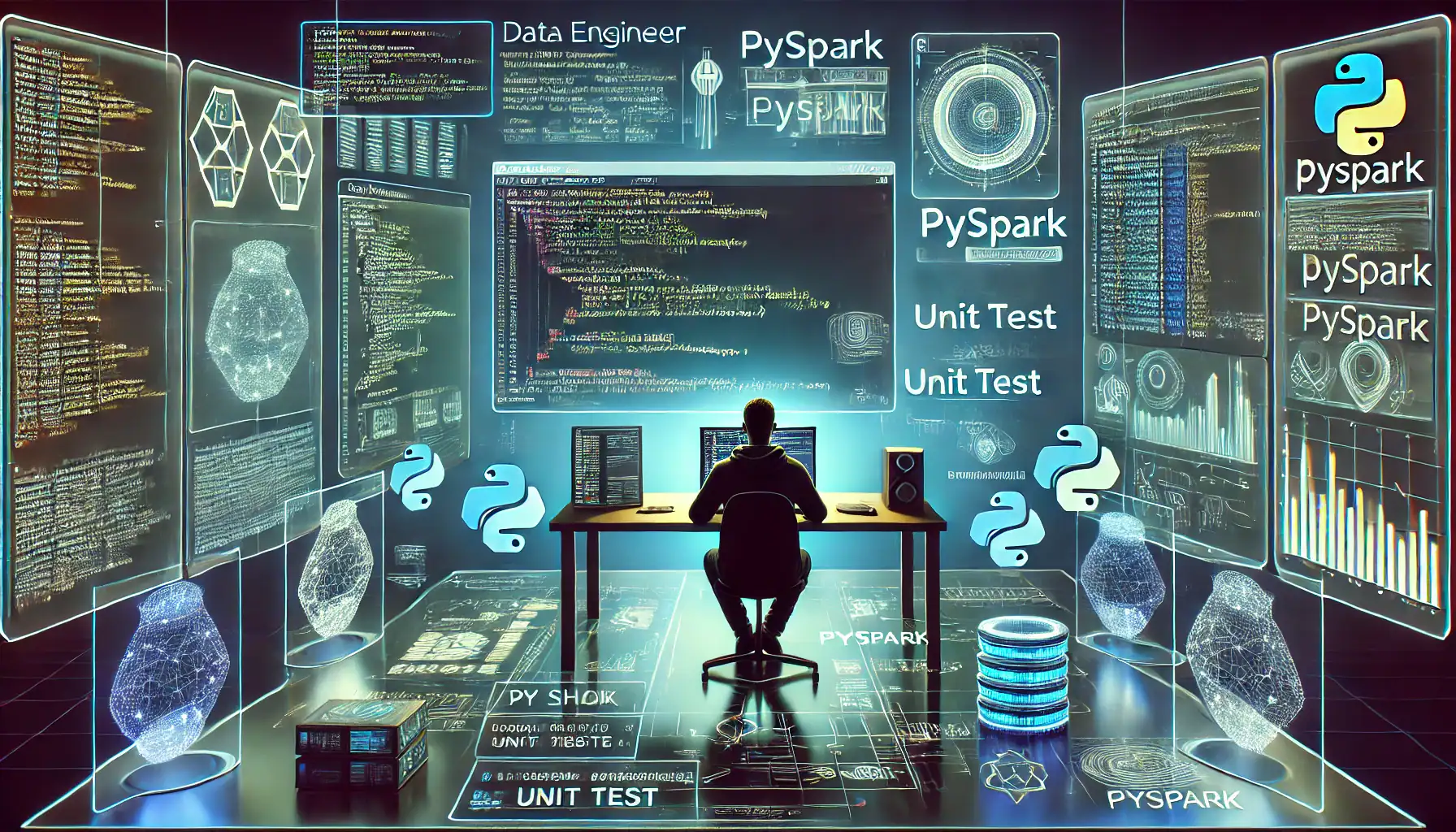 Building Reliable Data Pipelines: A visually striking, futuristic workspace filled with multiple digital screens showcasing lines of Python and PySpark code. A data engineer, focused on their laptop, monitors a screen displaying successful unit test results. Around them, glowing data-related symbols such as graphs, databases, and pipelines float in the air, representing automation and quality assurance in data engineering. The scene is set in a cool-toned, modern tech environment with blue, green, and purple hues.