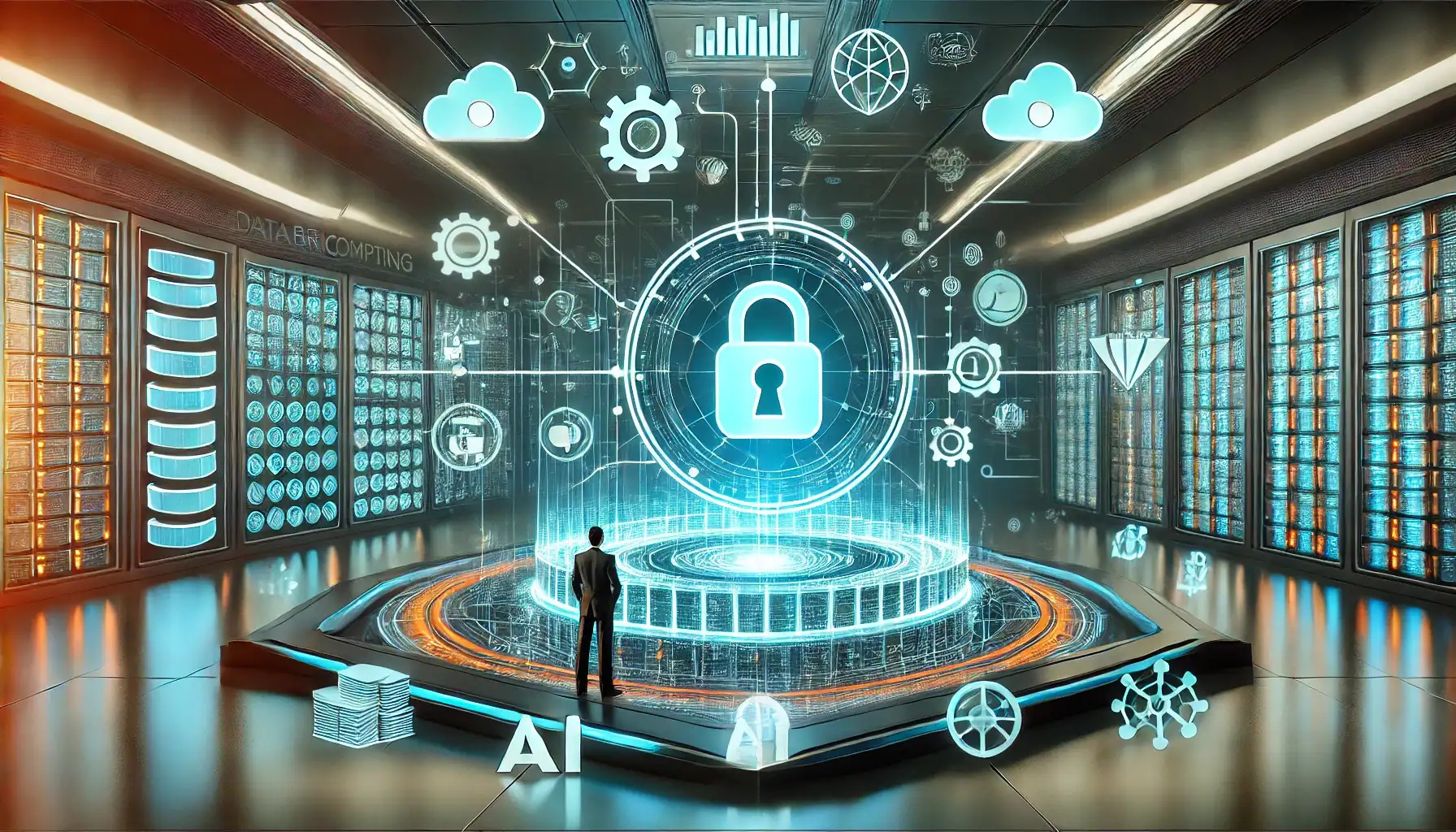 A futuristic high-tech office with a data engineer analyzing a 3D holographic dashboard. The display showcases interconnected data catalogs, tables, and security layers, symbolizing Databricks Unity Catalog. A glowing shield icon represents data security and compliance, with cloud computing symbols floating around. The color scheme features blue, teal, and orange, reflecting Databricks branding, emphasizing AI, big data, and cloud computing.