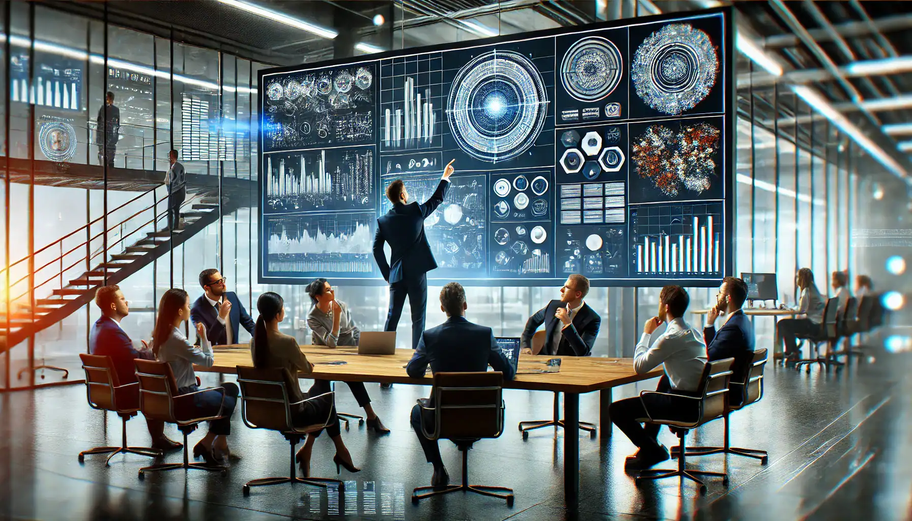 A diverse team of professionals at ProCogia collaborates in a modern office, analyzing complex data visualizations on a large digital screen. One person actively points at the screen while others engage in discussion, symbolizing end-to-end problem-solving, strategic planning, and teamwork. The high-tech setting reflects deep engagement in solving real-world challenges.