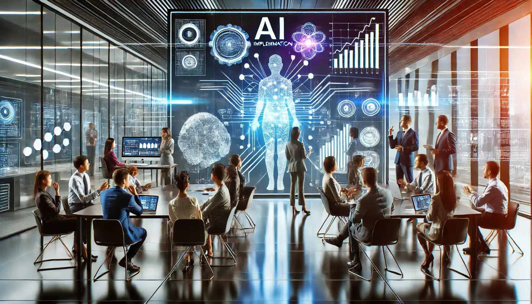 A futuristic office setting with a diverse group of professionals discussing AI implementation. A large digital screen in the background displays abstract AI models and data visualizations related to DeepSeek, without any text. The modern high-tech environment features sleek glass walls and holographic displays, emphasizing innovation and decision-making in AI adoption.