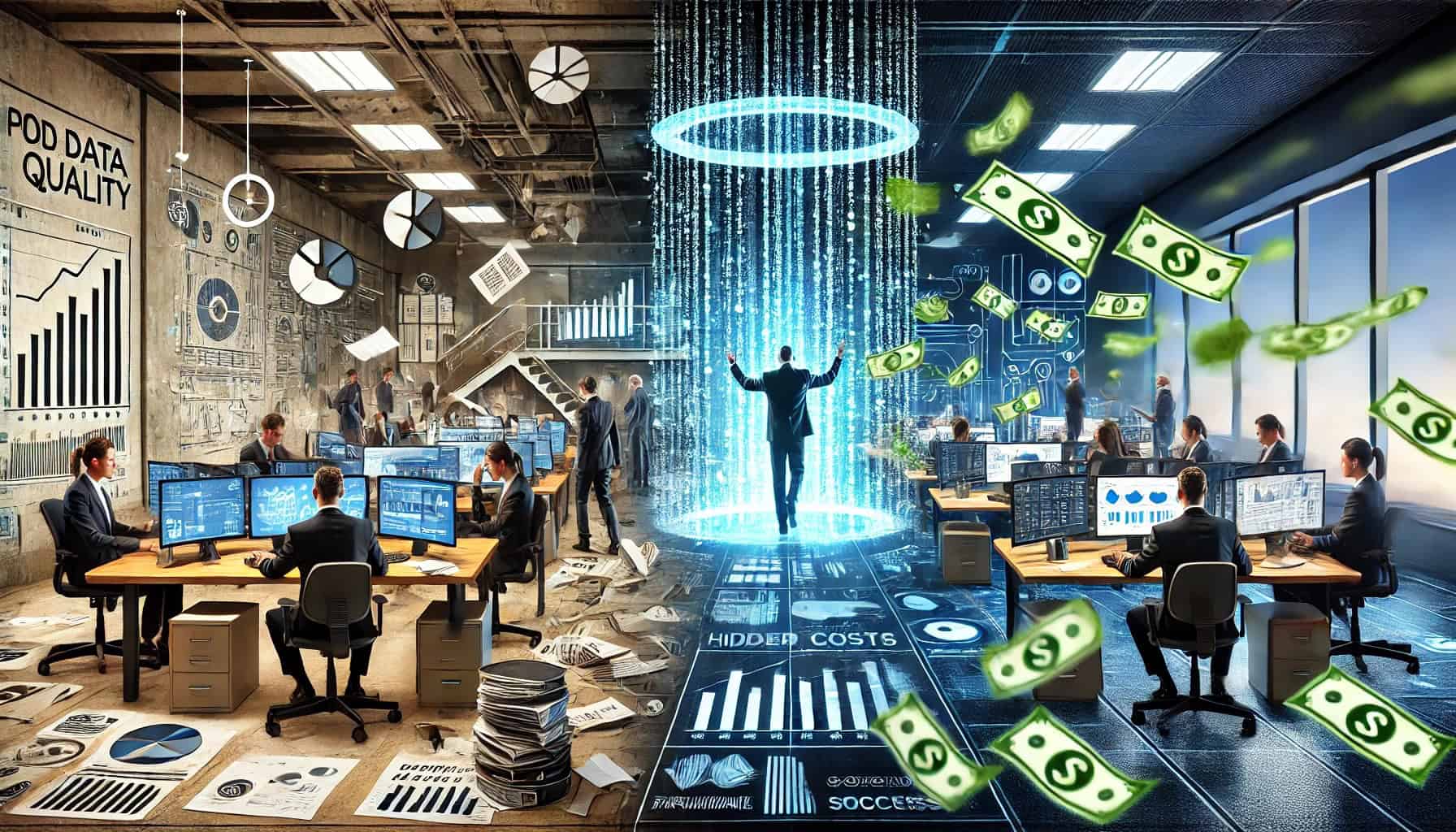 Illustration of the hidden costs of poor data quality: On the left, a chaotic office with frustrated employees dealing with incorrect reports, duplicate records, and financial losses represented by falling dollar signs. On the right, a modern, high-tech workspace where accurate and organized data drives business success. A digital transformation effect in the center symbolizes the shift from poor data management to efficiency. Keywords: The Hidden Costs of Poor Data Quality: Why You Can’t Ignore It.