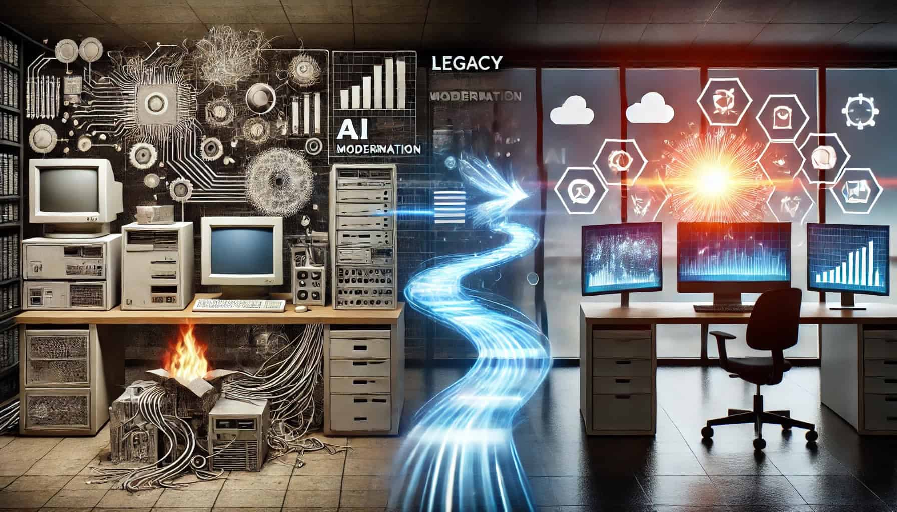 Illustration of legacy modernization: On the left, an old, bulky computer system with tangled wires and outdated interfaces. On the right, a sleek, modern digital workspace featuring cloud computing, AI-driven analytics, and seamless data integration. A dynamic transformation process with digital streams bridges the old and new technology. Keywords: What is Legacy Modernization? How and When to Do It.