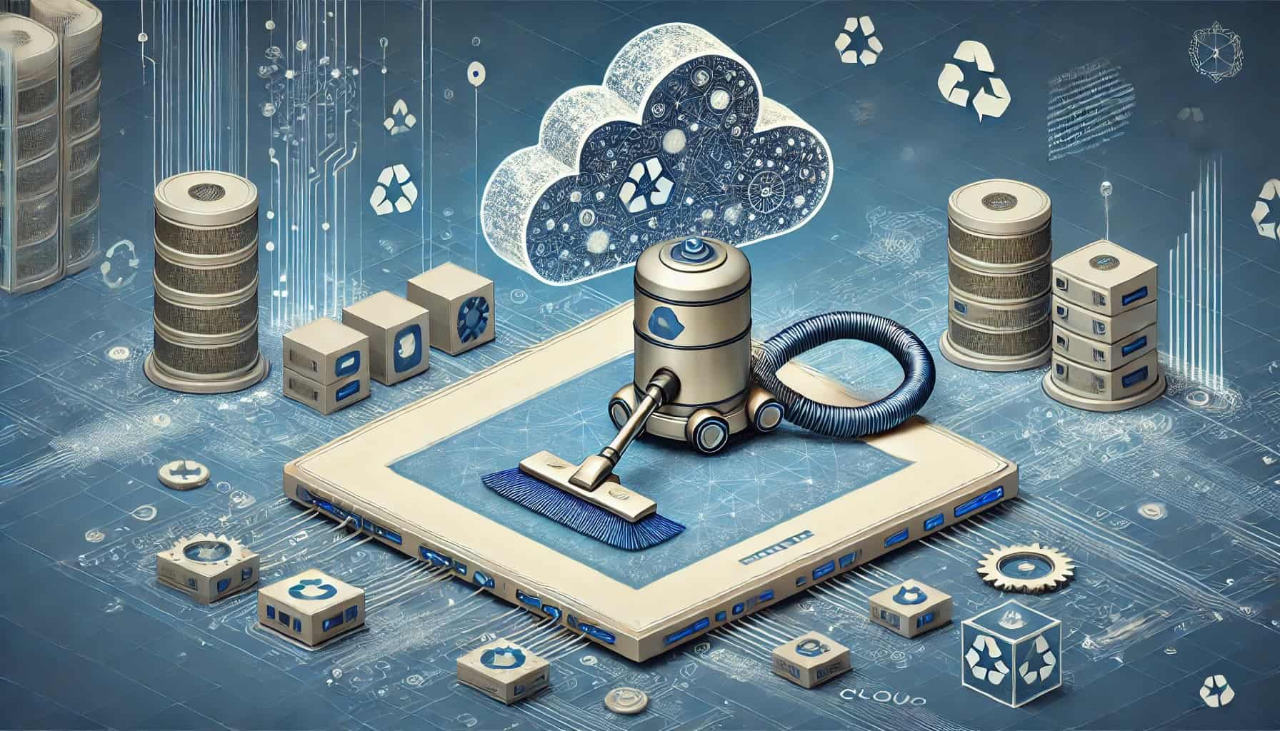 Illustration of cloud storage optimization using a futuristic vacuum device to clean digital storage nodes, representing Delta Lake vacuum operations for reducing storage costs in cloud data engineering.