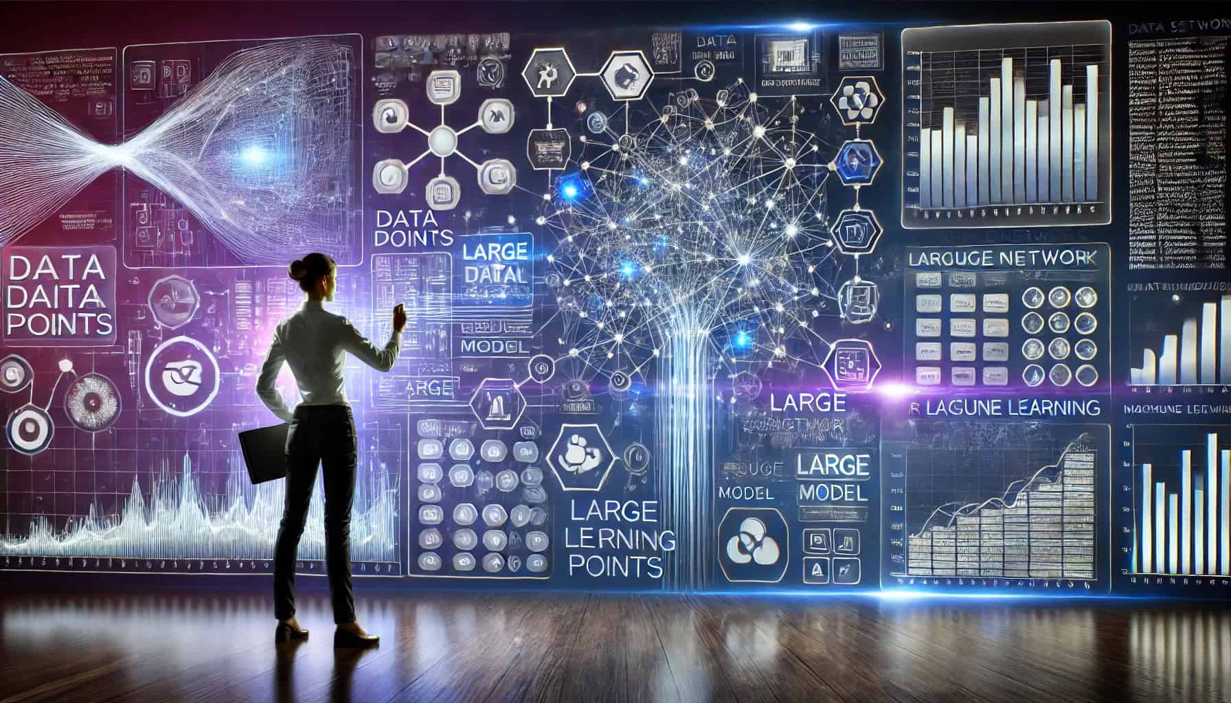 Data scientist selecting precise data points from a digital dataset in front of a neural network interface, representing data optimization and fine-tuning in large language models (LLMs). Visual elements include AI charts and structured data, symbolizing data science consulting services and machine learning.