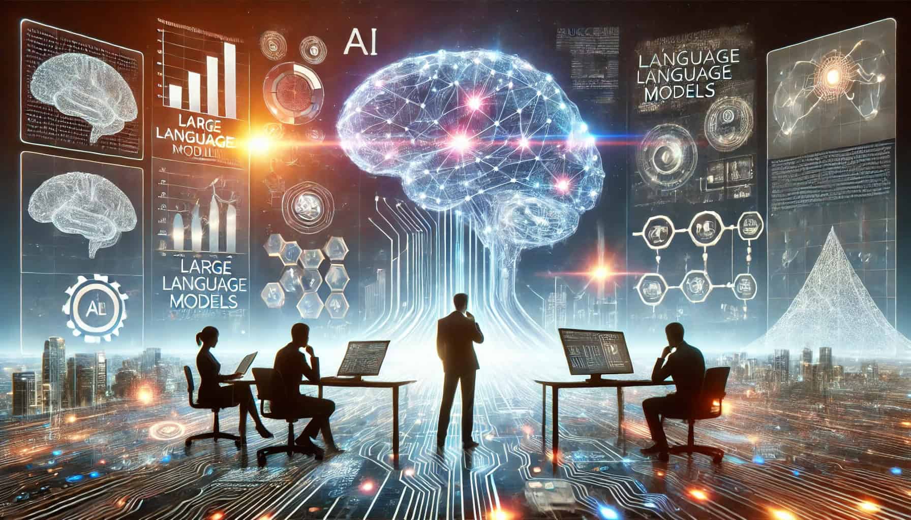 Team of professionals planning AI implementation with LLMs, using holographic data interfaces and futuristic visuals, representing strategic data science consultancy and project execution.