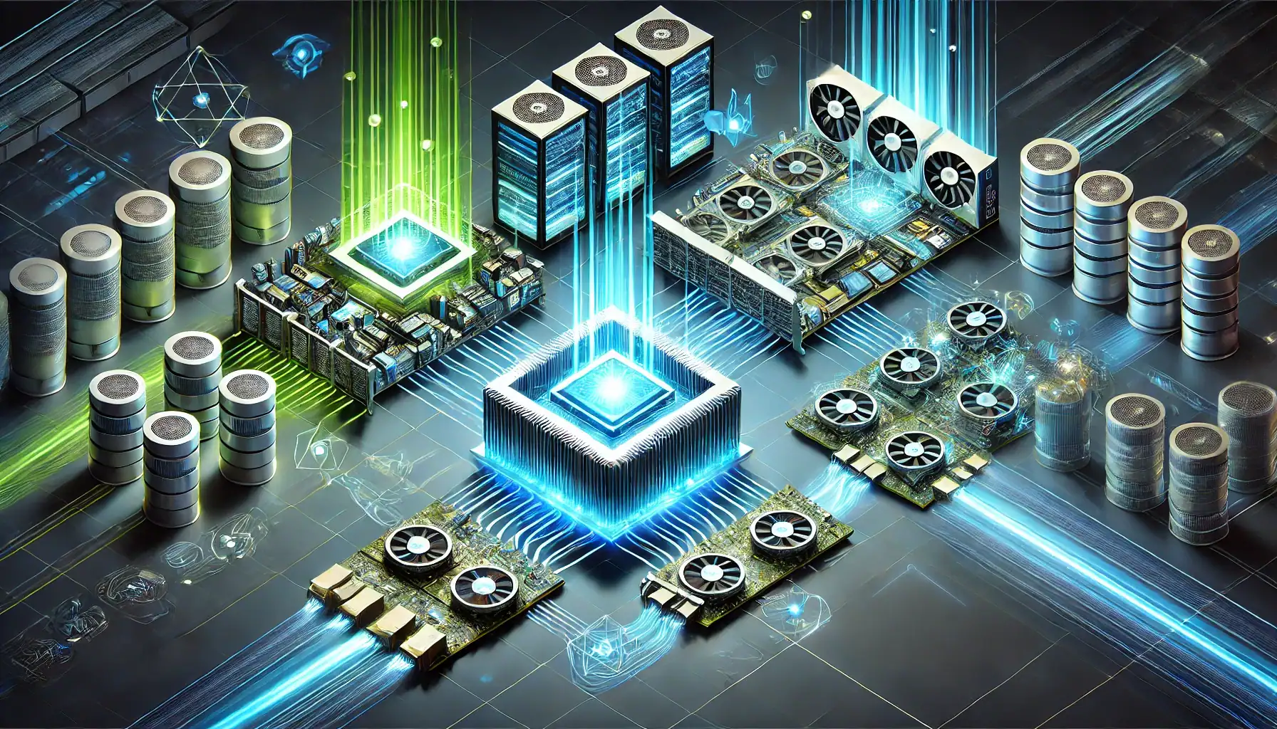 Futuristic AI data center illustration showcasing three visual segments: a compact GPU for TensorRT symbolizing low-latency single-model inference, a multi-GPU cloud network representing scalable Triton Inference Server, and a hybrid setup combining both for Triton with TensorRT. The scene features glowing processors, flowing data streams, and cool-toned lighting in neon green and teal to reflect high-performance AI inference and optimization.
