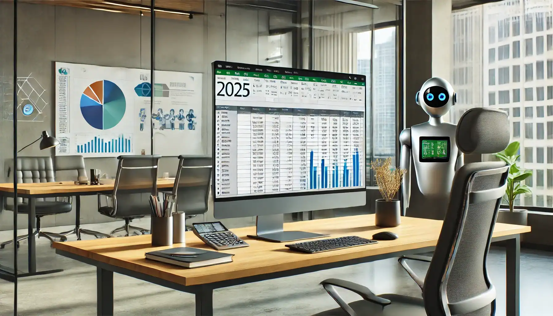 A modern professional workspace in 2025 showcasing an Excel spreadsheet with graphs and pivot tables on a large screen, symbolizing Excel's role in today's data analysis environment. AI assistant Copilot is featured assisting the user, with subtle references to Power BI and Tableau, supporting themes of data analytics services, business intelligence solutions, and Excel’s continued relevance in analytics consulting.