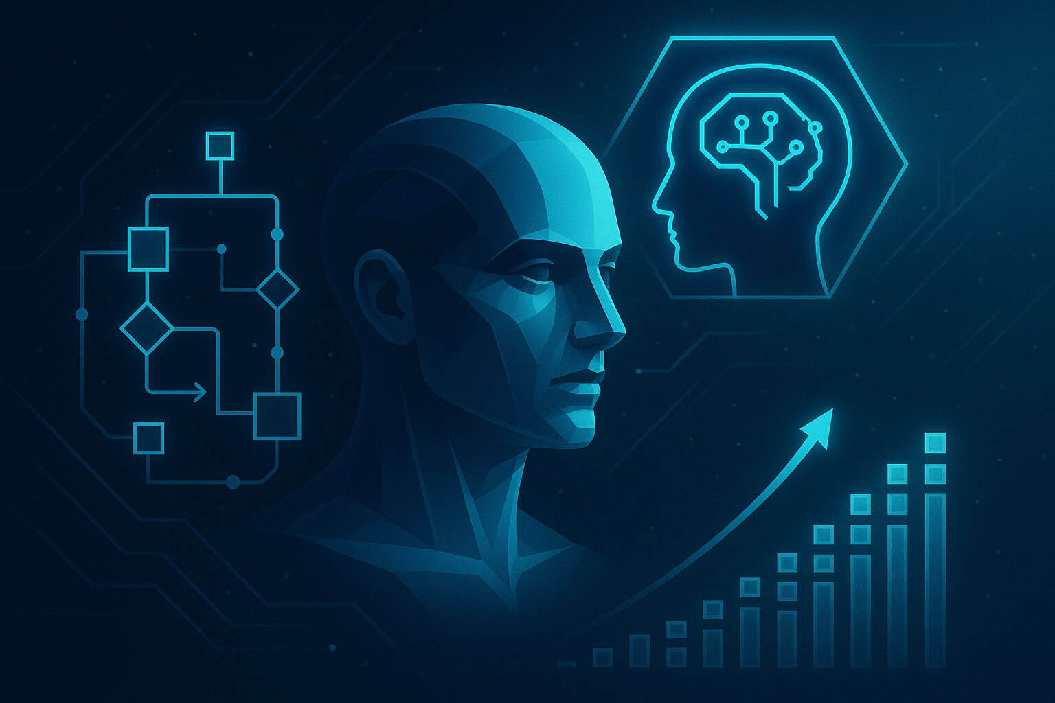 Futuristic digital artwork representing Artificial General Intelligence (AGI), featuring a glowing geometric human head, neural network icons, a data flowchart, and an upward-trending graph — visualizing the concept of ARC-AGI and machine reasoning advancements.