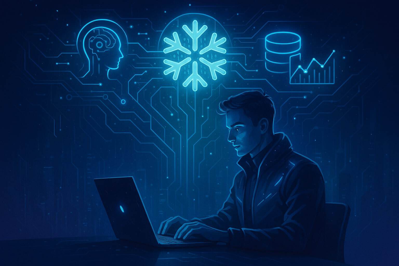Futuristic illustration of a data engineer working on a glowing laptop, surrounded by holographic projections of AI, data warehousing, and analytics icons — reflecting themes from Snowflake Summit 2025.