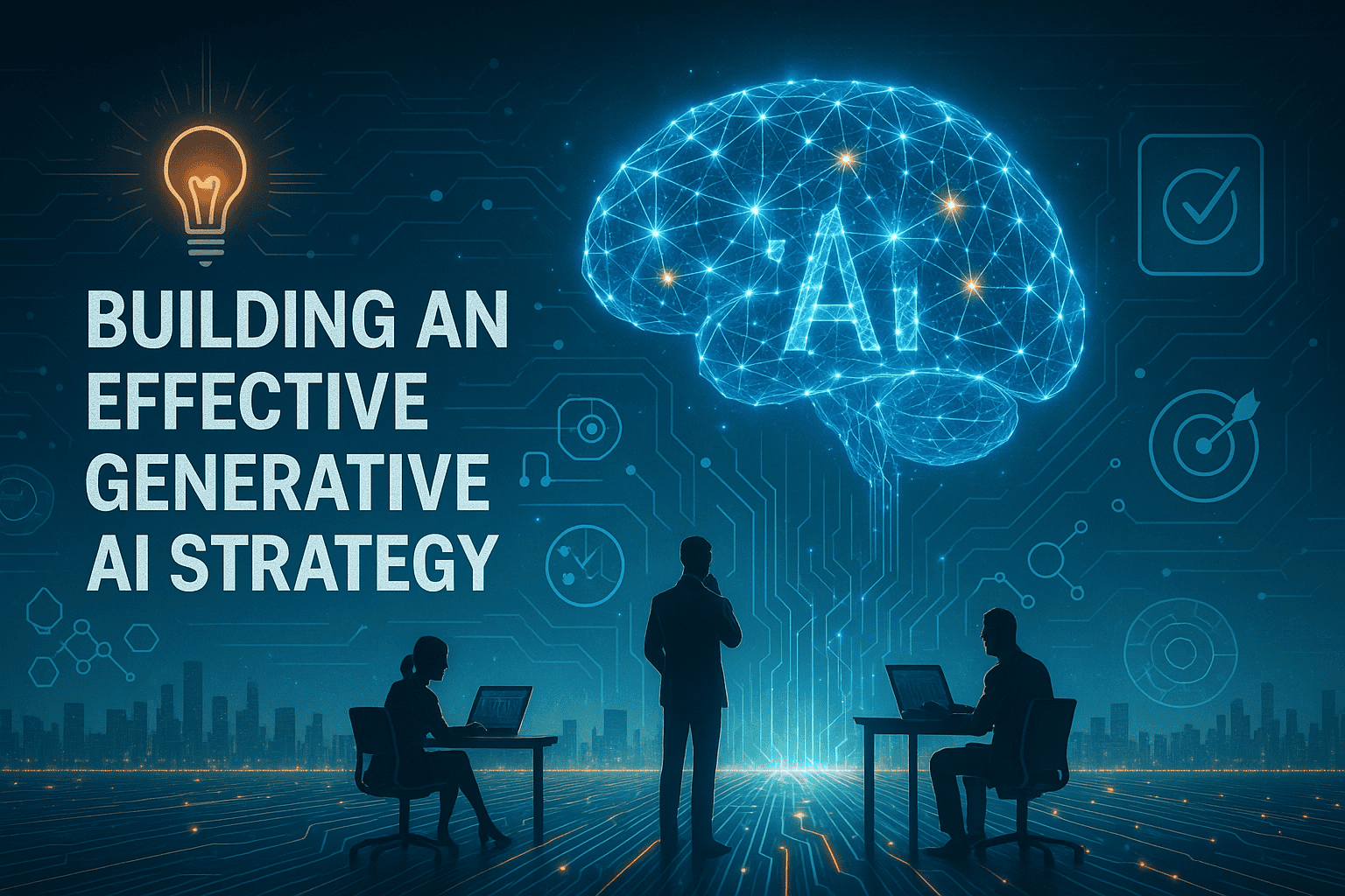Futuristic digital illustration showing professionals developing a Generative AI strategy, with a glowing wireframe brain, holographic AI icons, and cityscape in the background—symbolizing enterprise AI adoption and innovation.