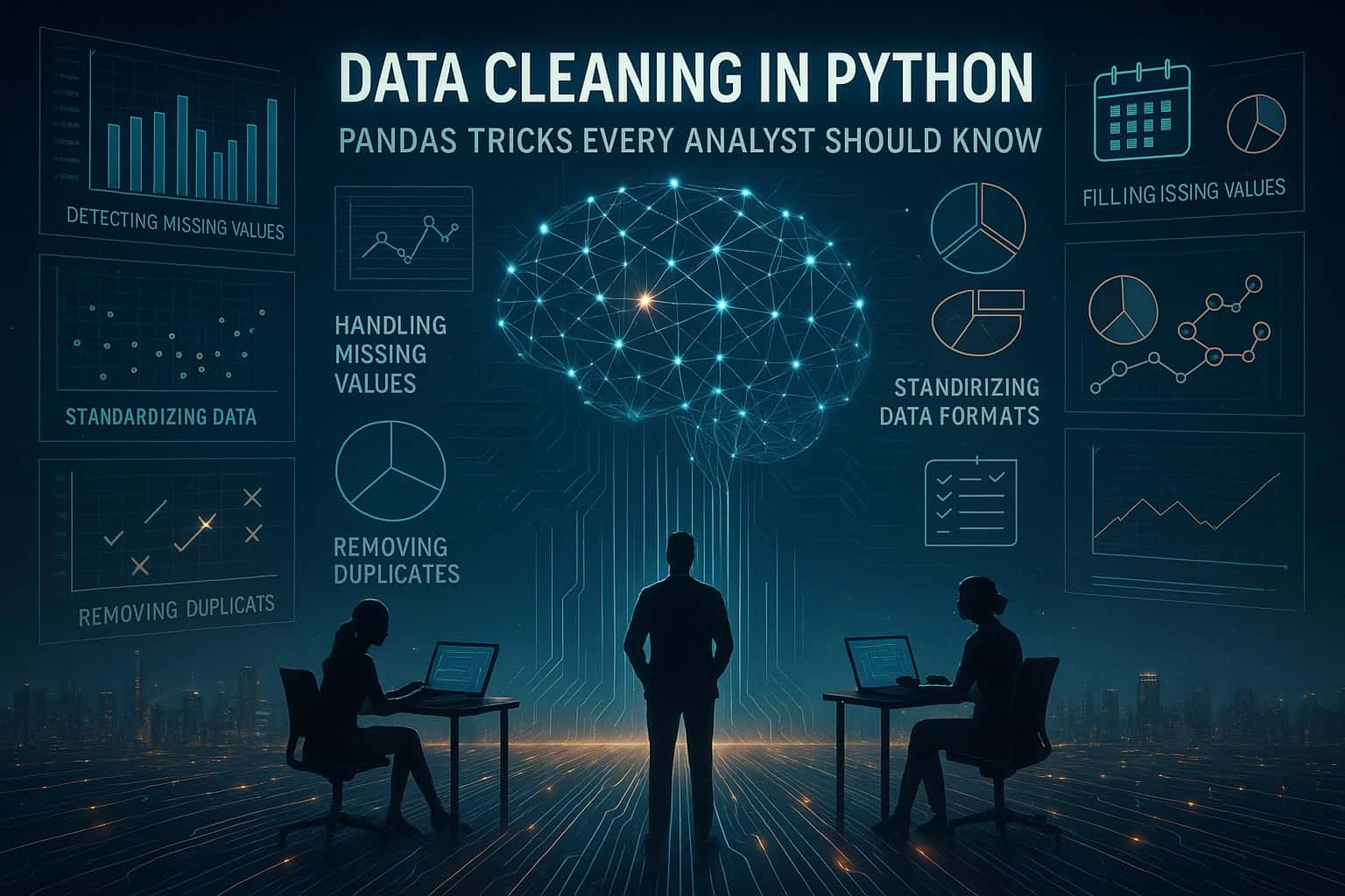 Futuristic illustration of data analysts working on laptops with glowing charts, diagrams, and a neural network brain above, visualizing key Python Pandas techniques for data cleaning such as handling missing values, removing duplicates, and standardizing formats.