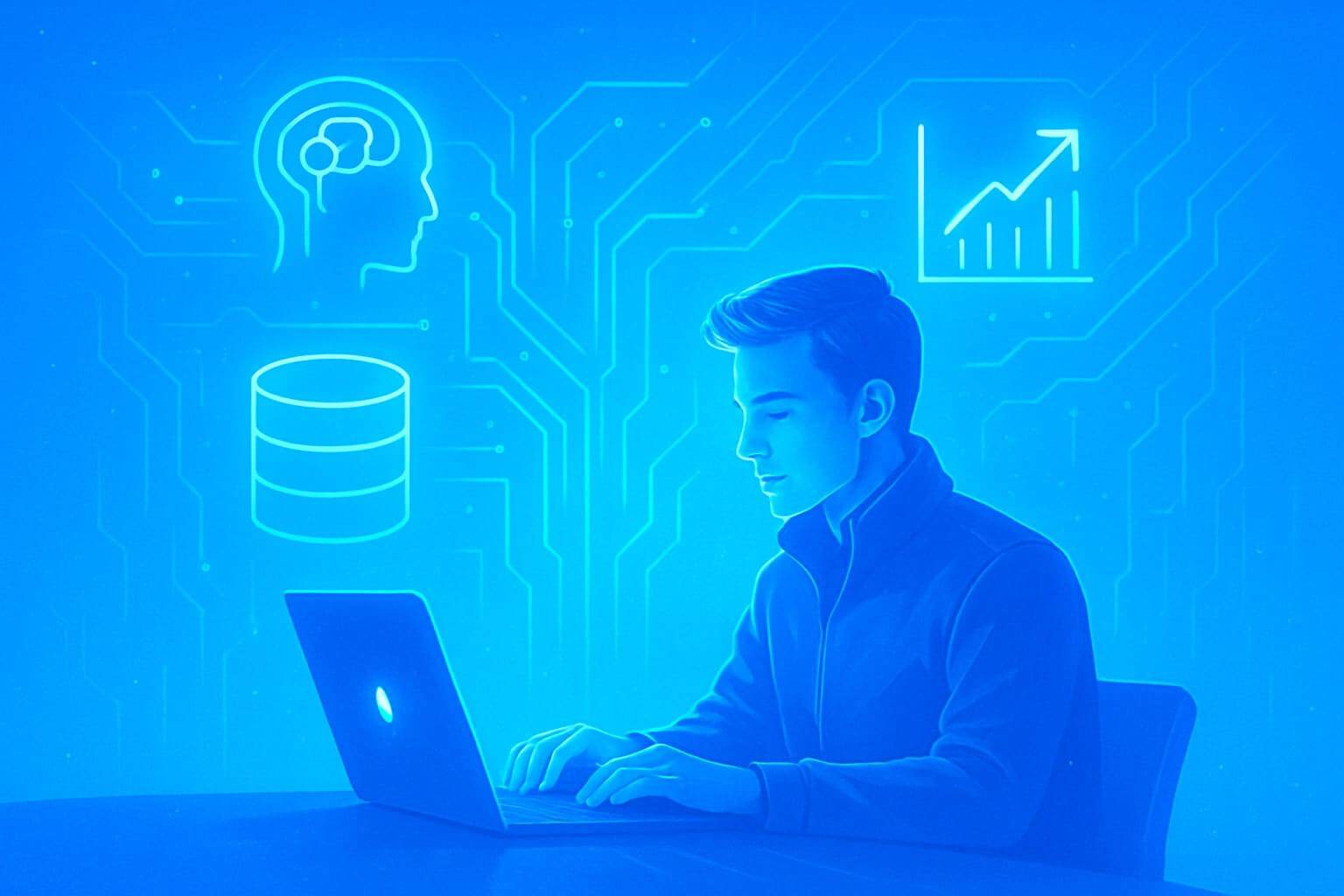 A young man in a futuristic blue-lit setting works intently on a laptop. Glowing icons of a human brain, a database, and a rising graph float behind him, connected by circuit-like lines symbolizing digital infrastructure, data cleansing, and data flow.
