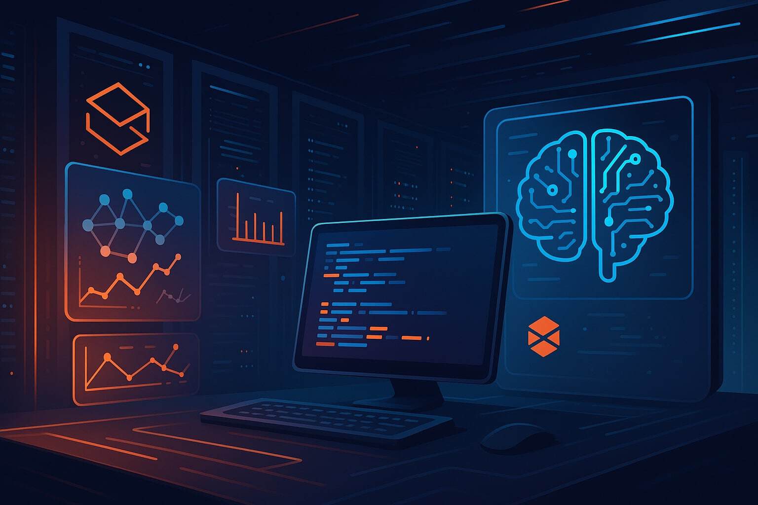 Futuristic data engineering workspace featuring a dark-themed interface with Databricks visuals, AI brain diagram, SQL code editor, and data dashboards—illustrating innovation ahead of the Databricks (Data + AI) Summit 2025.