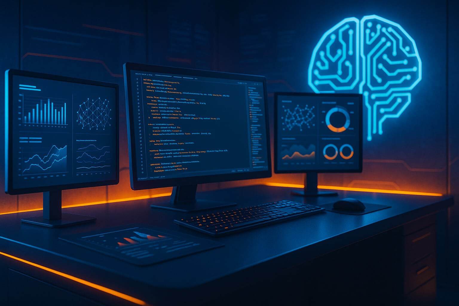 A futuristic data science lab with moody ambient lighting in neon blue and orange. Multiple monitors display highlighted code, graphs, neural networks, and analytics dashboards. A glowing AI brain icon appears on the wall. The Databricks "data + ai" logo is prominently displayed in the top left. The scene has a high-tech, intelligent atmosphere with digital glow effects.