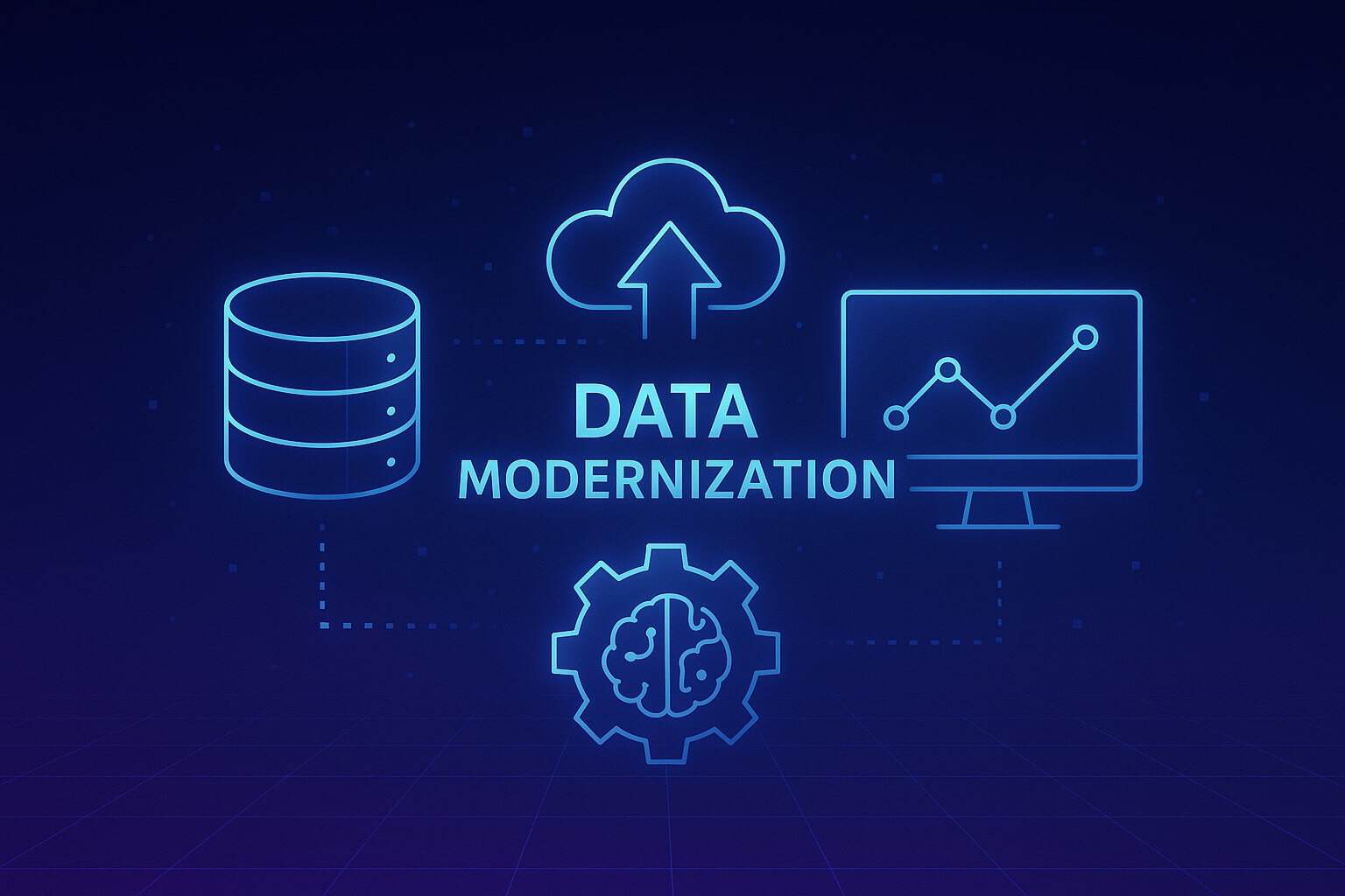 Futuristic digital illustration of data modernization featuring neon blue icons on a dark grid background. The landscape image includes a glowing database, an upload-to-cloud symbol, a computer monitor with a line graph, and a gear with a brain, representing AI. The central text reads “DATA MODERNIZATION,” visually linking the components in a connected data ecosystem.