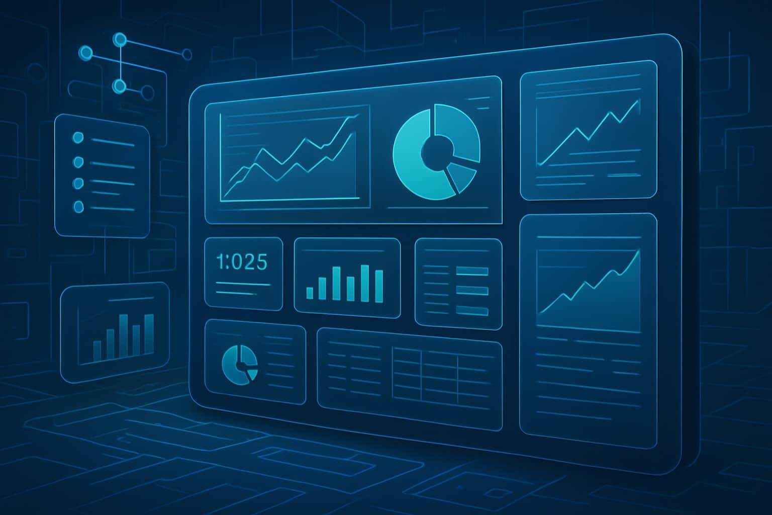 A futuristic digital interface showcasing multiple data visualizations, including charts, graphs, and dashboards, set in a high-tech, glowing blue environment—illustrating BI Dashboard Best Practices.