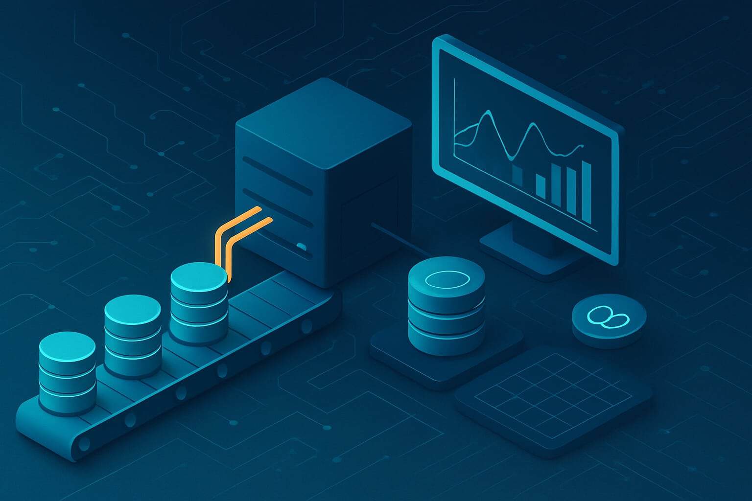 Futuristic illustration depicting the concept of building robust data pipelines by automating your data workflow—a glowing blue conveyor belt transports database icons into a server, which connects to a dashboard displaying real-time data analytics, all set against a digital circuit background.