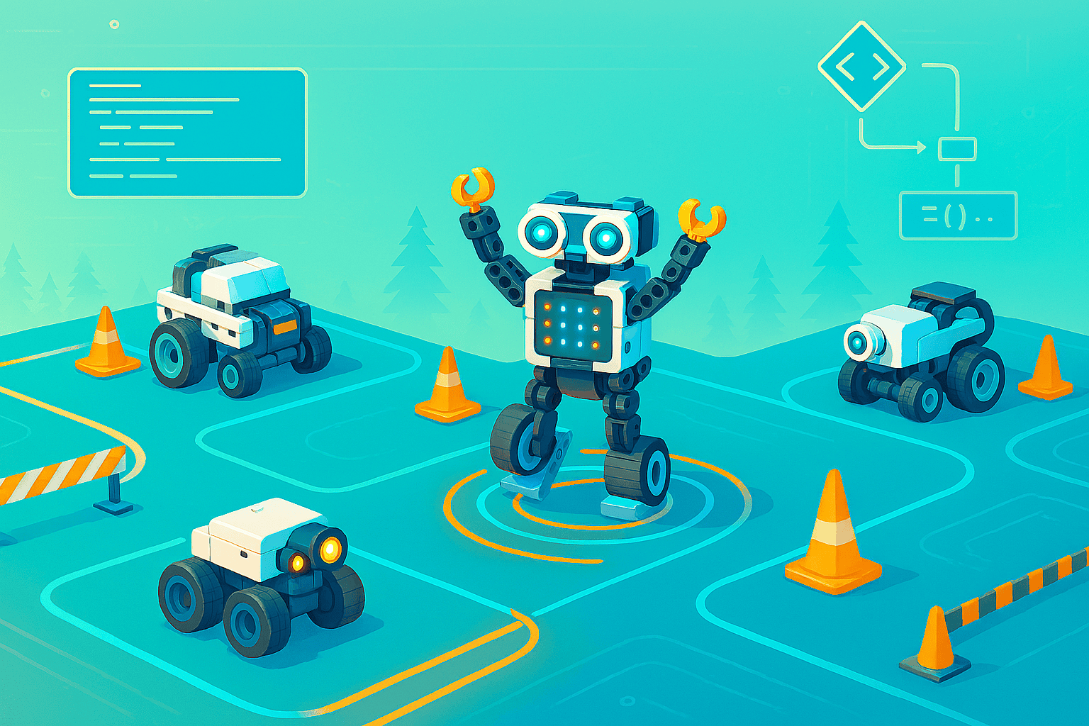 LEGO-style robot celebrates on a neon racetrack at ACCESS Coding Camp 2025, highlighting youth robotics and coding education.