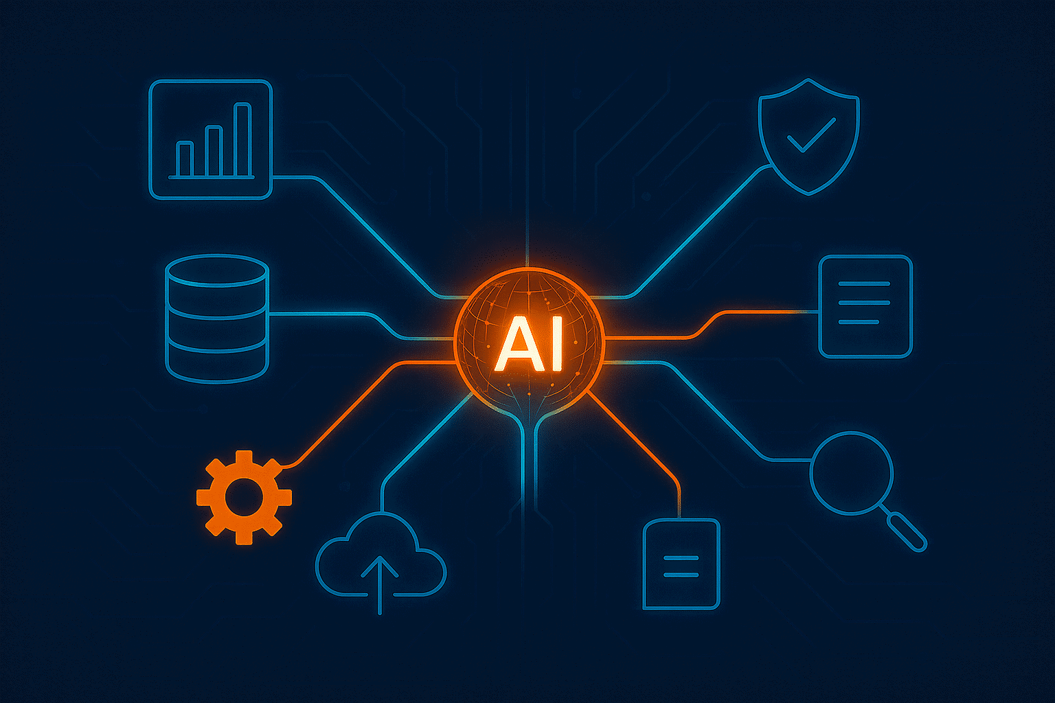 Illustration for the blog “7 Generative AI Use Cases in Data Analytics,” showing a glowing central AI sphere connected by neon lines to seven icons representing pipelines, governance, cloud, BI, workflows, synthetic data, and insights.