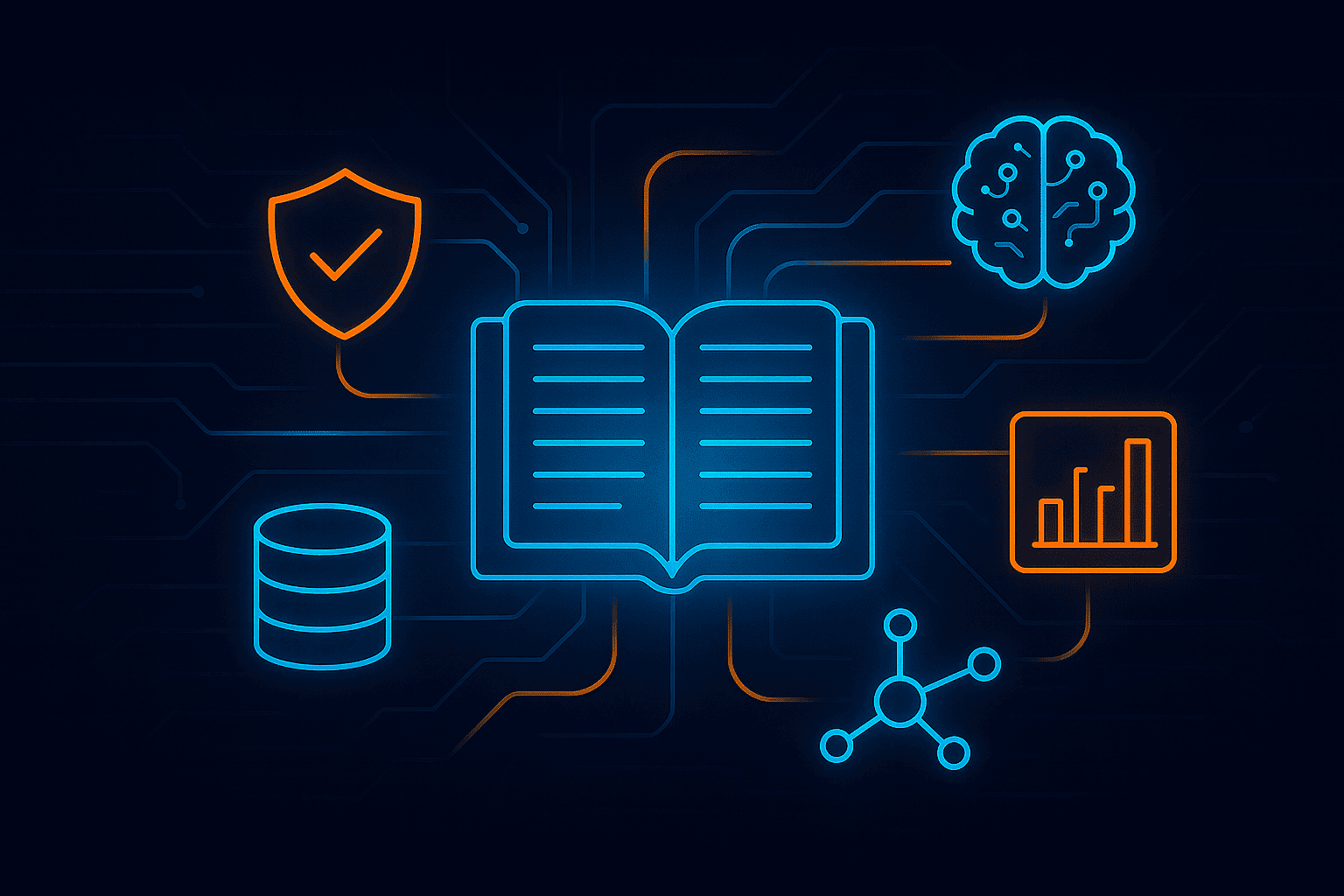 Illustration for the blog “Must-Know Data & Analytics Terminology for Business Leaders,” showing a glowing open book connected to neon icons of governance, storage, AI, and business intelligence on a dark tech-grid background.