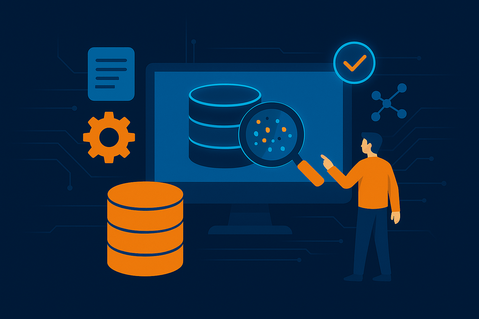 Illustration representing “Top 10 Data Cleansing Software in 2025,” featuring a person analyzing a glowing database on a dark background using a magnifying glass.