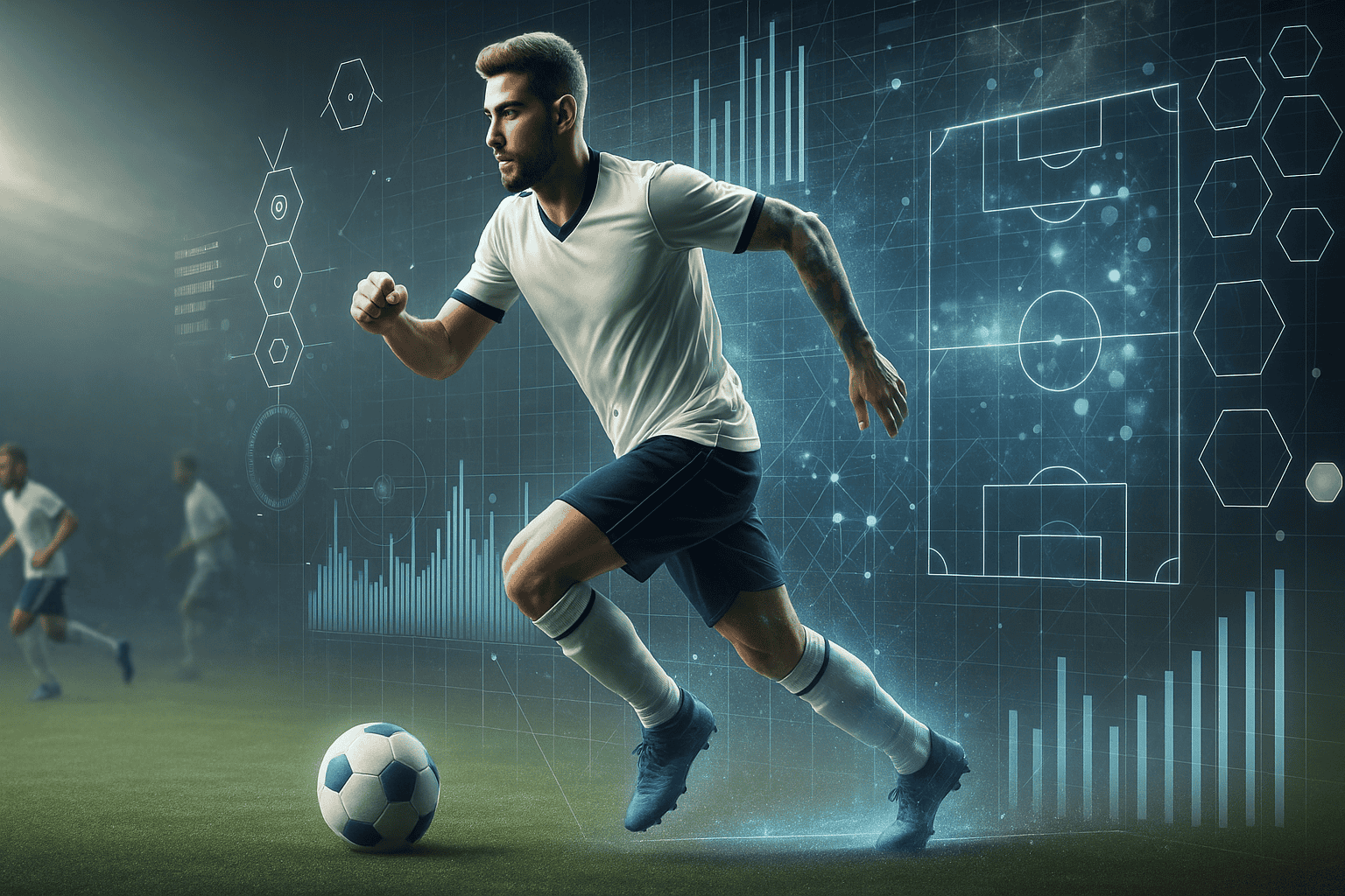 A futuristic digital illustration inspired by the Vancouver Whitecaps, showing a soccer player sprinting on the field surrounded by glowing holographic data visualizations and abstract analytics graphics. The player is mid-action, with sleek blue and white tones highlighting technology, motion, and athletic performance. Hexagonal patterns, digital charts, and a glowing field diagram in the background evoke themes of AI, data science, and advanced player analysis.