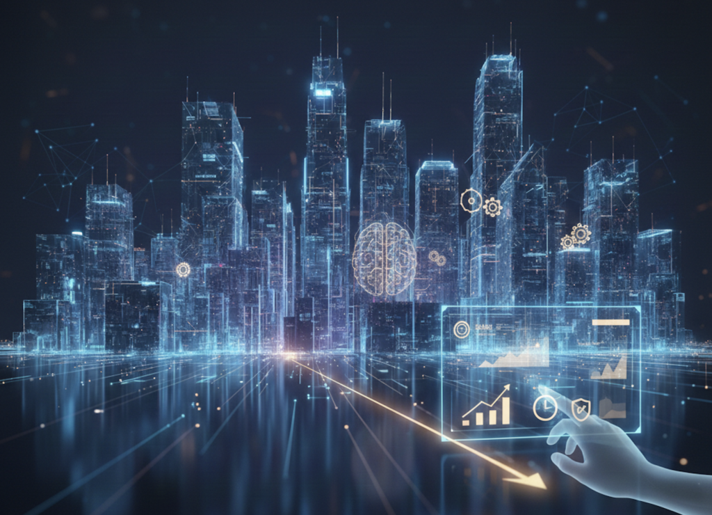 A wide landscape digital illustration for a blog titled "Turning AI Potential into Impactful Business Use Cases". The image features a futuristic, glowing blue cityscape representing a data-driven "frontier firm". In the foreground, a translucent human hand interacts with a holographic interface displaying data charts and AI icons, symbolizing the transition from human assistants to autonomous, agent-led operations.