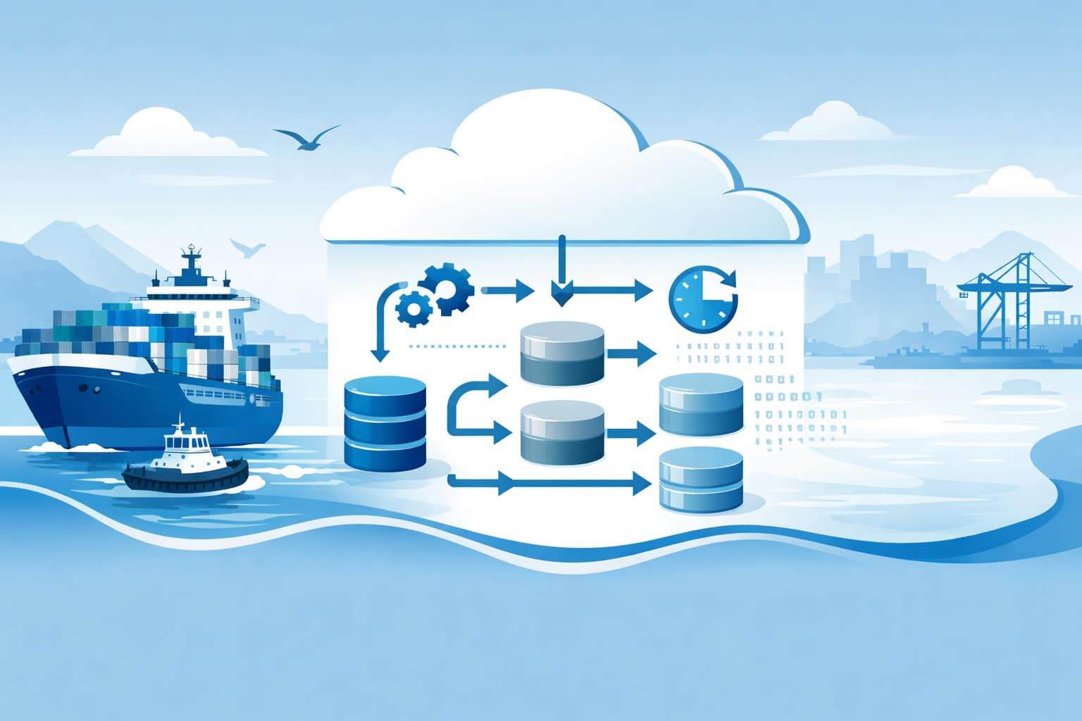 Illustration titled “Achieving 70% Cost Savings through Data Pipeline Optimization and Automation” showing a container ship and tugboat near port cranes and mountains, connected to a central cloud-based data pipeline with automation icons and database layers.