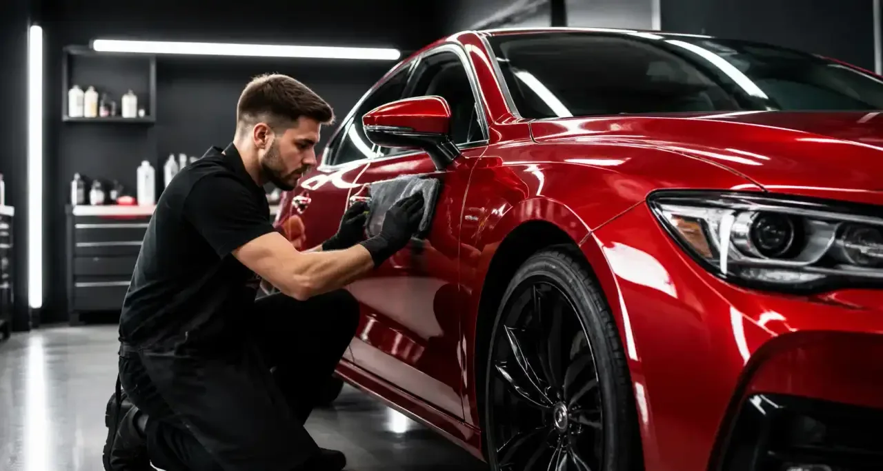 Polissage professionnel d'une carrosserie automobile en atelier de detailing