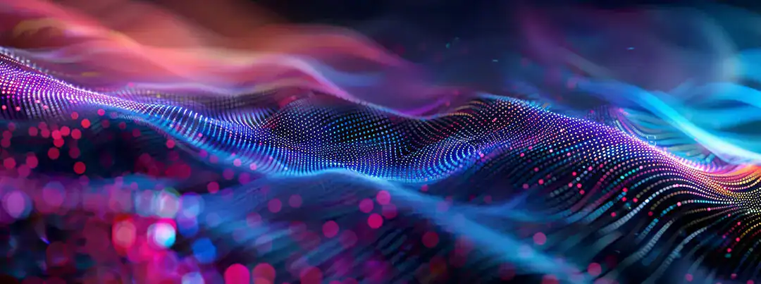 Abstract digital data waves with vibrant colors and glowing points.