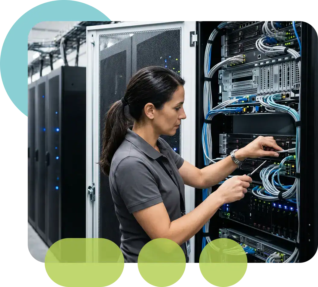 Technician working on server racks in a data center at Proficient Health.