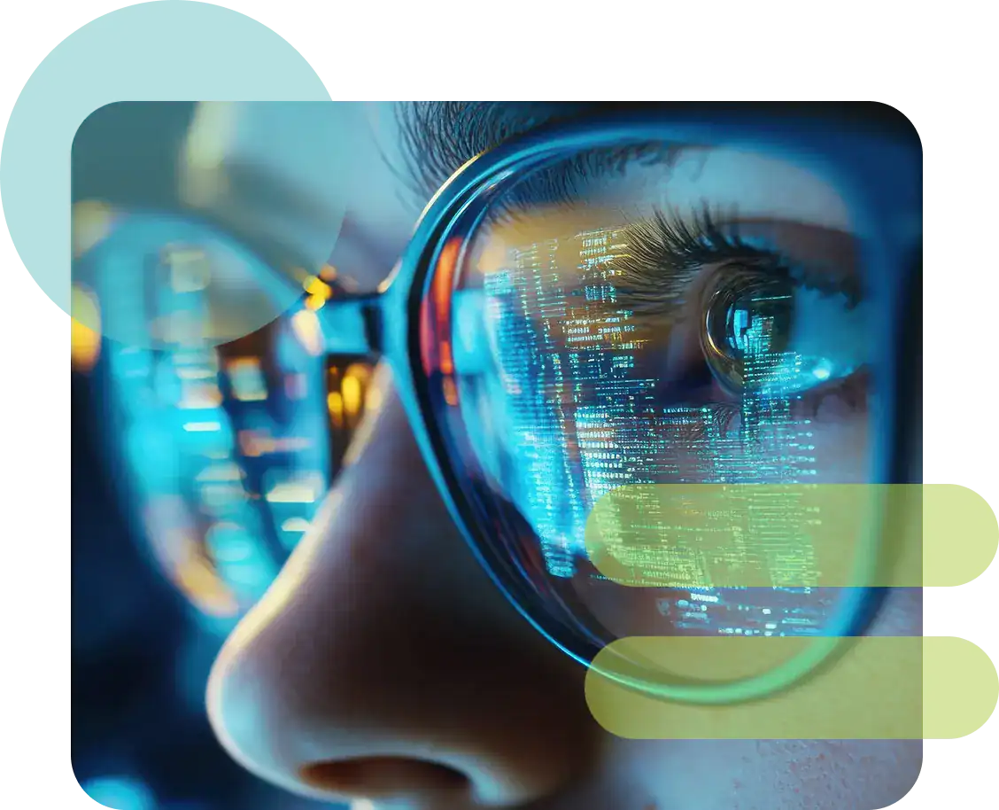 Close-up of a person wearing smart glasses with digital health data display.