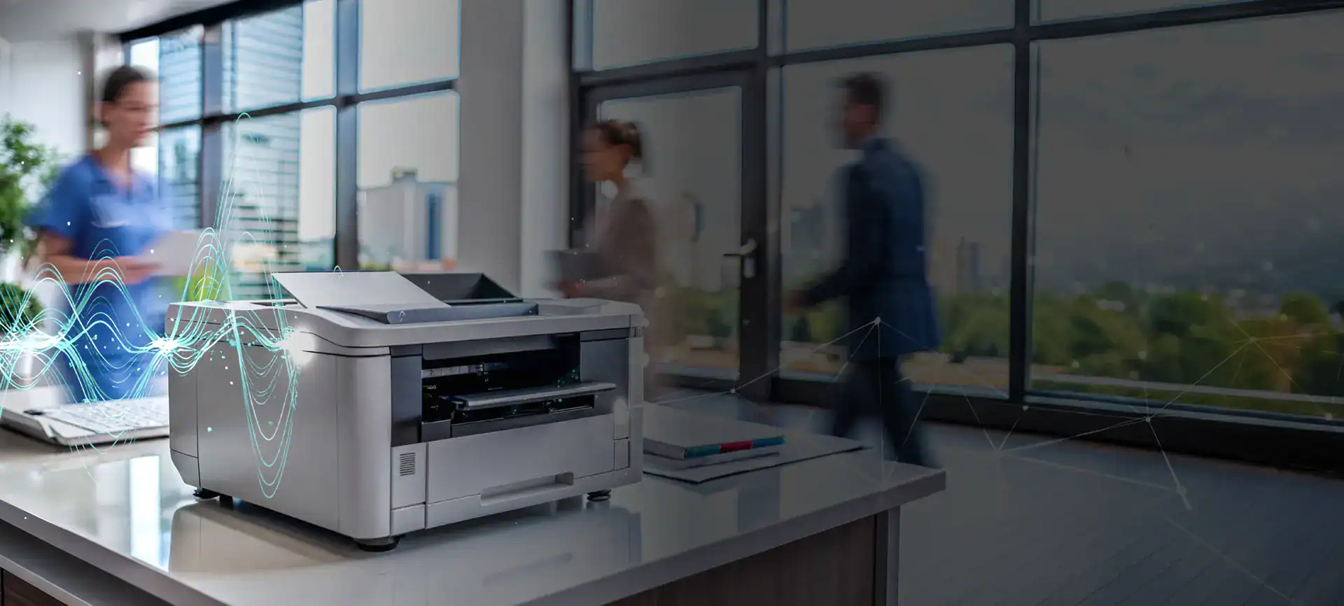 Business professionals in a modern office with printing and scanning devices.