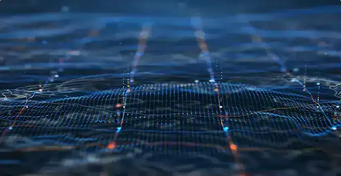 Futuristic digital data network with glowing lines and nodes.