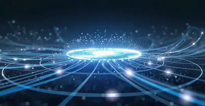 High-tech digital interface with glowing lines and data points.