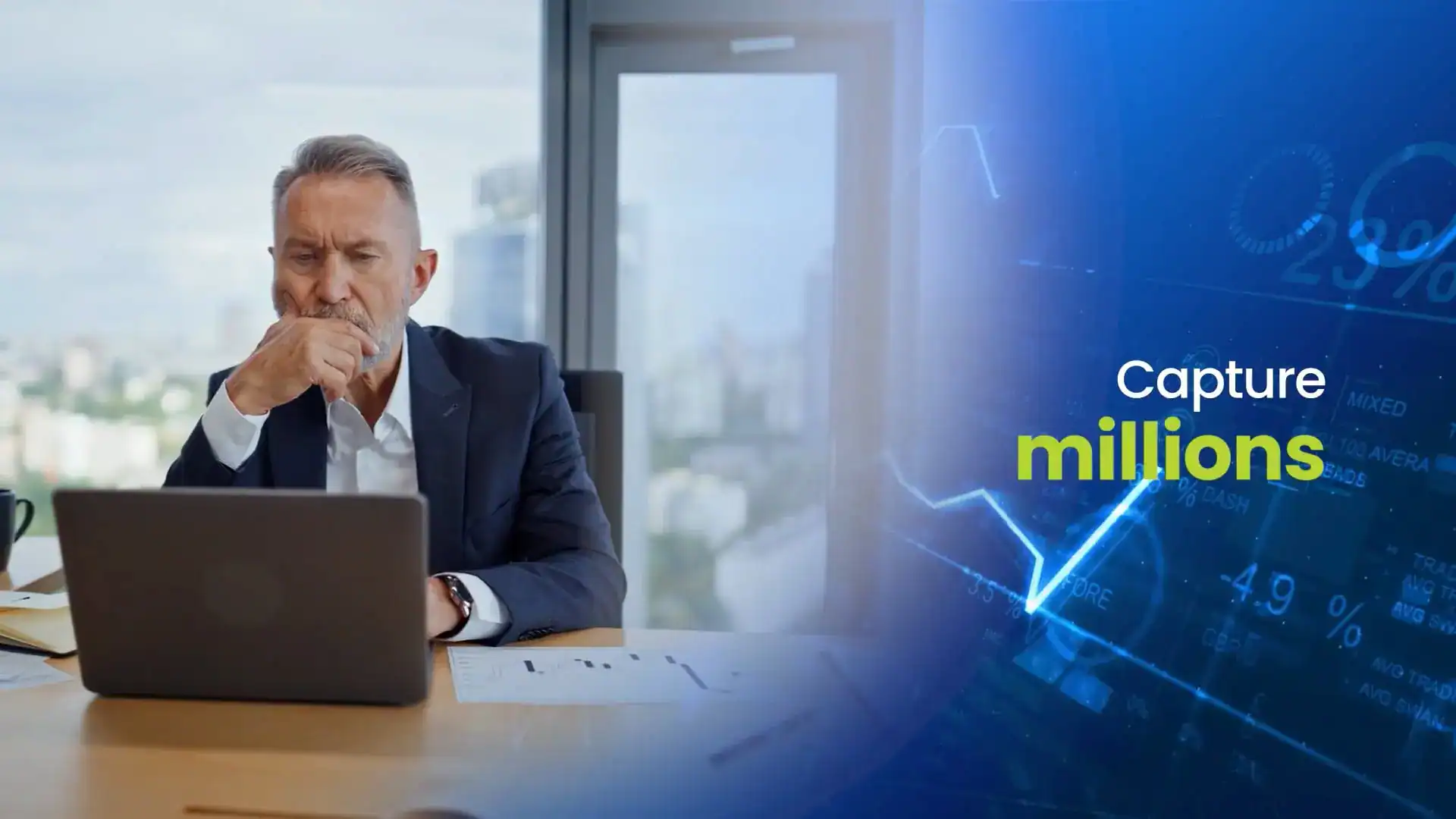 Businessman analyzing data and graphs on laptop in office.