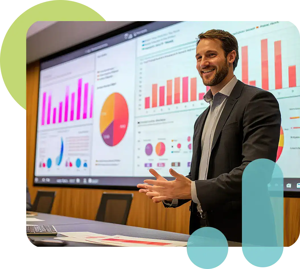 Business professional presenting data and charts at Proficient Health.
