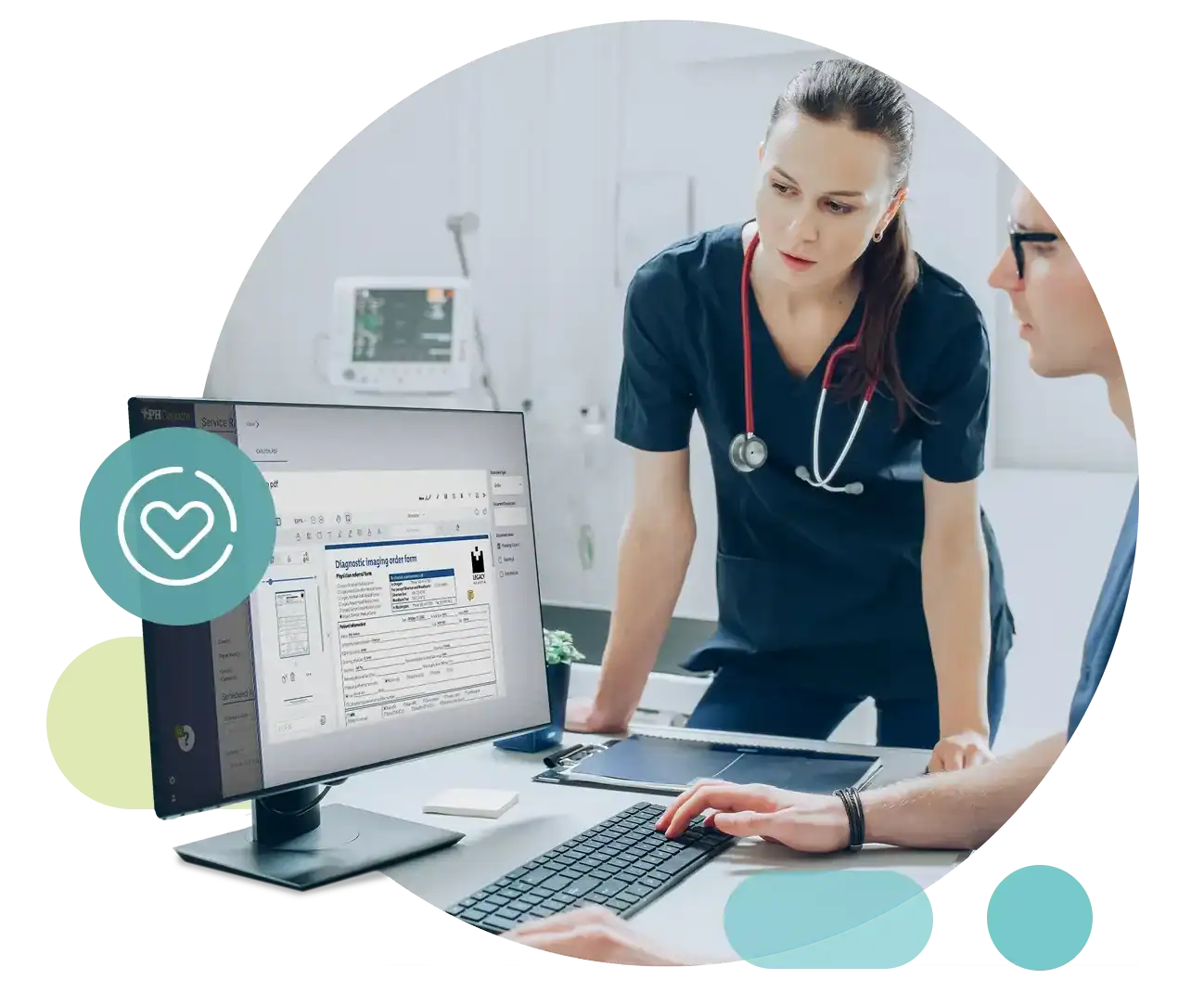 Healthcare professionals reviewing patient data on computer at clinic.