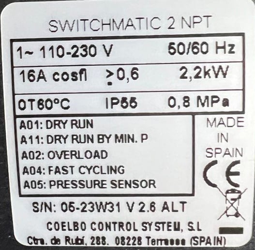 COELBO Electronic Pressure Switch With An Integrated Digital Pressure Gauge, 110/220V, 1P, 108 PSI, IP65, Model SWITCHMATIC 2 - Image 2