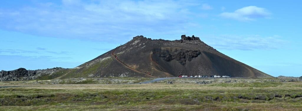Volcano on the Snæfellsnes Peninsula, Iceland, with a rugged landscape and volcanic crater.