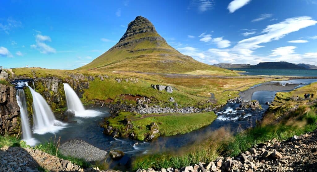 Mountain and waterfall landscape in Snæfellsnes Peninsula, Iceland.