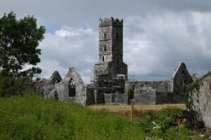 Ancient stone castle ruins with a tall tower overlooking lush green landscape in Ireland.