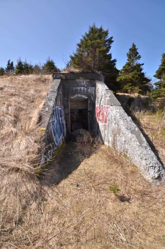 Old concrete bunker with graffiti at Argentia Naval Air Station, Newfoundland.