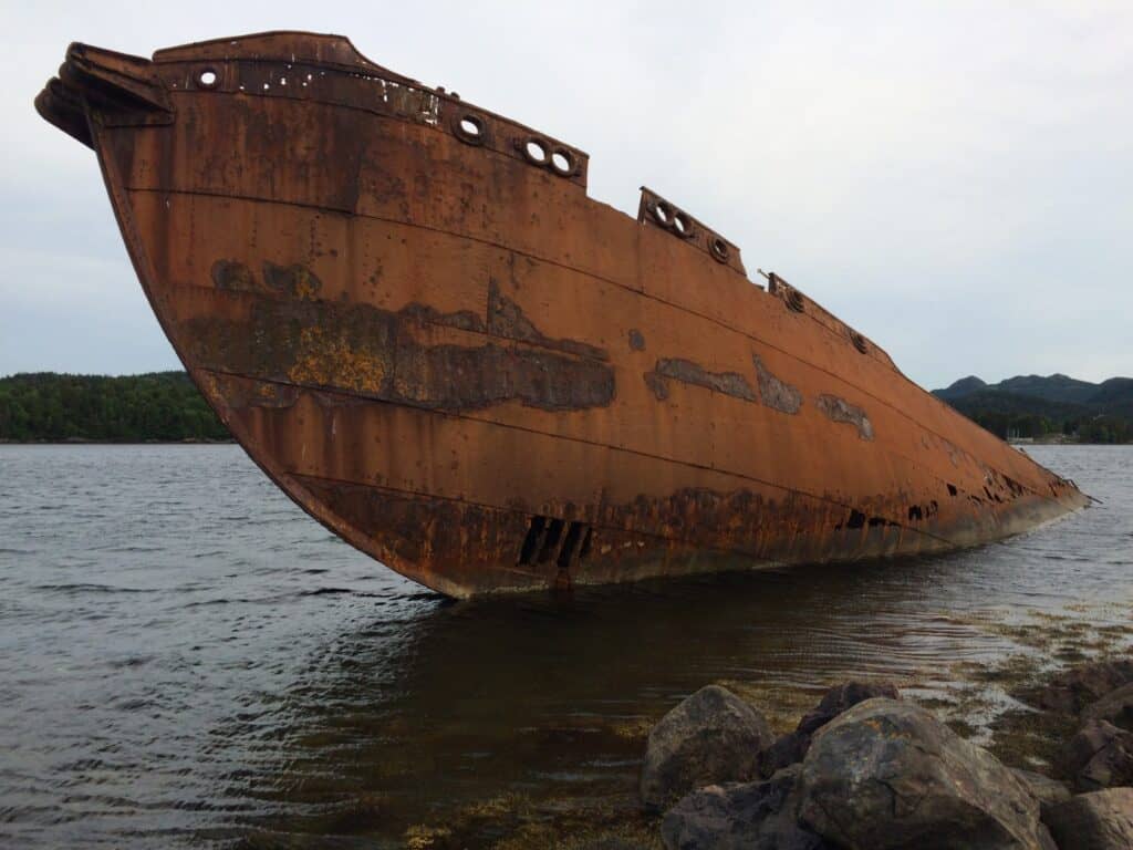 Wreck of an old ship in Conception Harbour, Newfoundland and Labrador. Rusted and abandoned vessel o.
